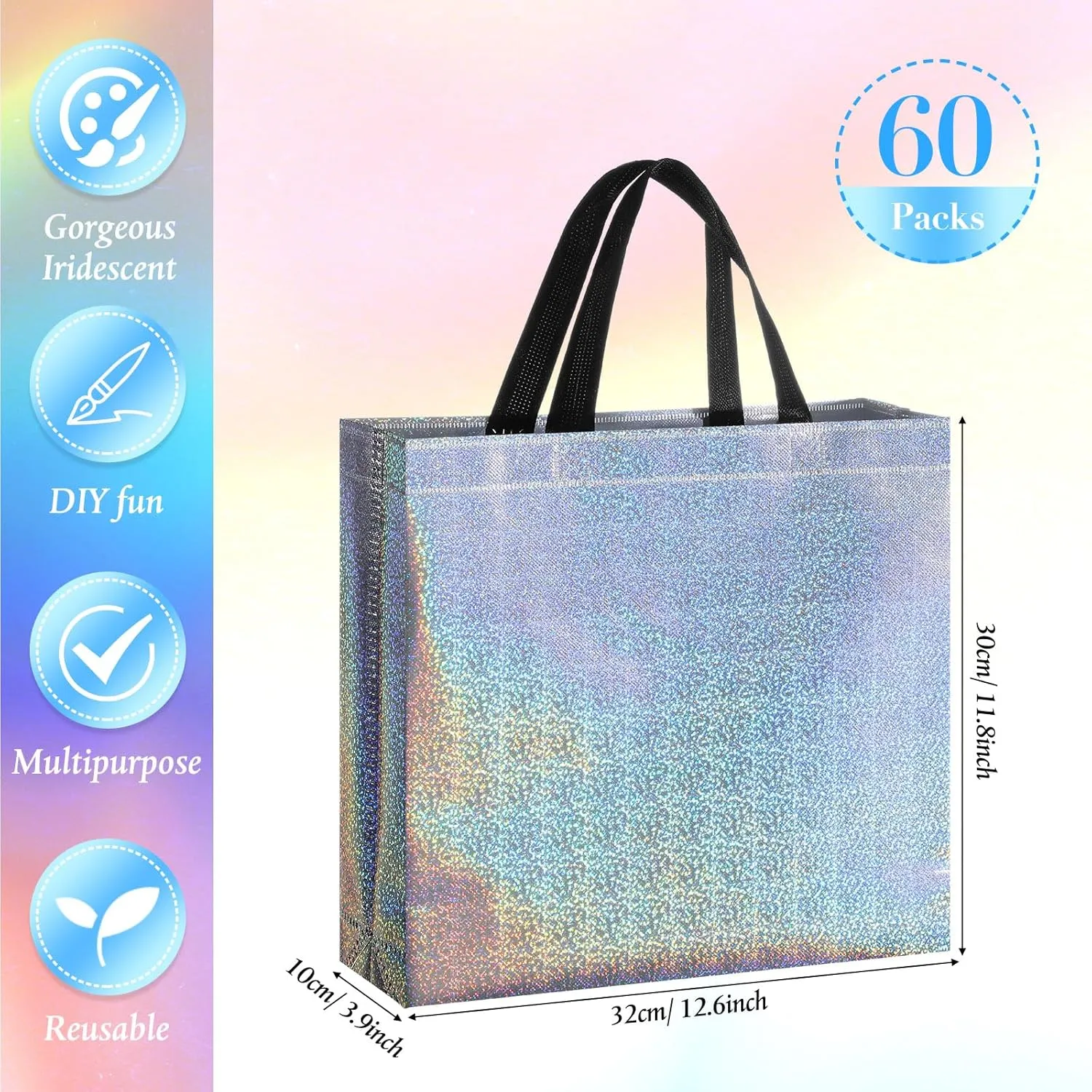 Eccliy 60 Pcs Reusable Gift Tote Bags Grocery Shopping Bag with Handles Thank You Gift Bags for Bridesmaid Wedding(Glitter Mix Color)