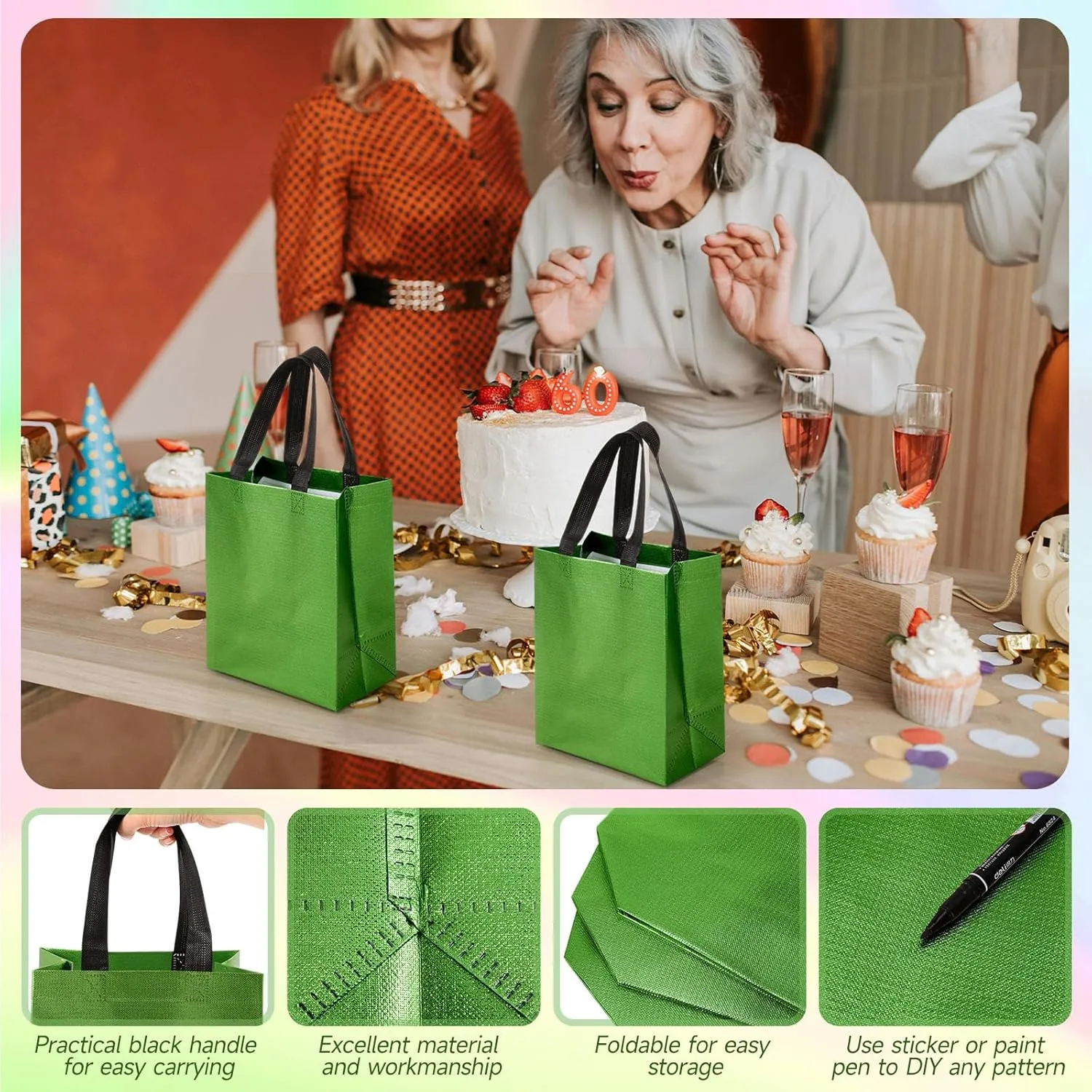 Eccliy 80 Pieces Gift Bags Set Glossy Reusable Tote with Handles Grocery Bags Bulk for Wedding, Bachelorette Party, Christmas(Medium,Green)