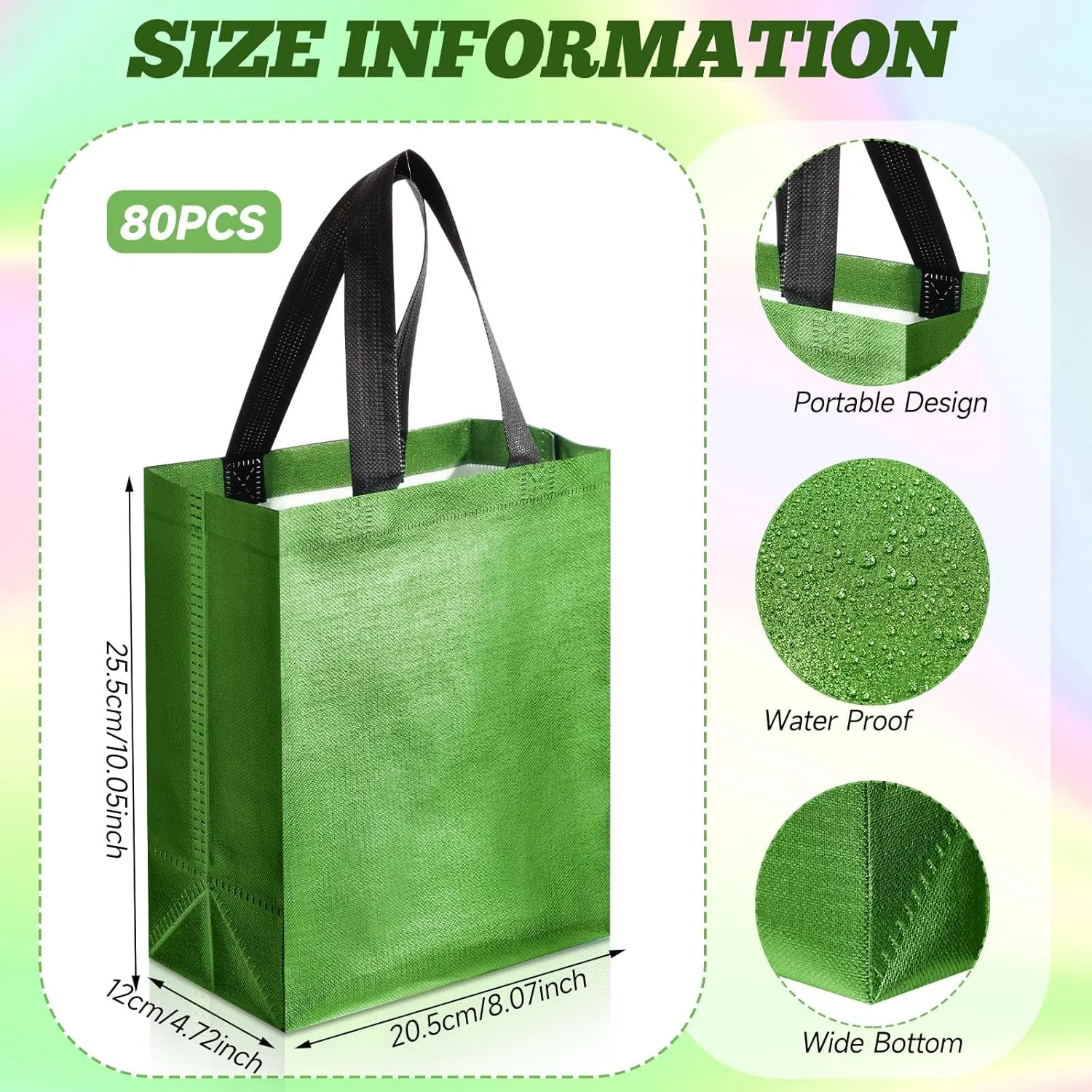 Eccliy 80 Pieces Gift Bags Set Glossy Reusable Tote with Handles Grocery Bags Bulk for Wedding, Bachelorette Party, Christmas(Medium,Green)