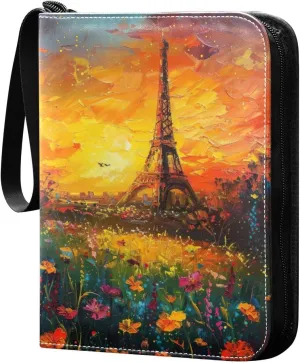 Eiffel Tower Painting Card Binder 4-Pocket, 400 Pockets PU Waterproof Zippered Collector Card Album with 50 Removable Sleeves for Trading, Game Cards