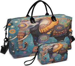 Elephant Circle Artwork Blue Sports Gym Bag for Women Men Travel Duffel Bag Weekend Overnight Carry on Bag with Toiletry Bag Workout Dance Bag for Swimming Yoga Workout Hospital Plane