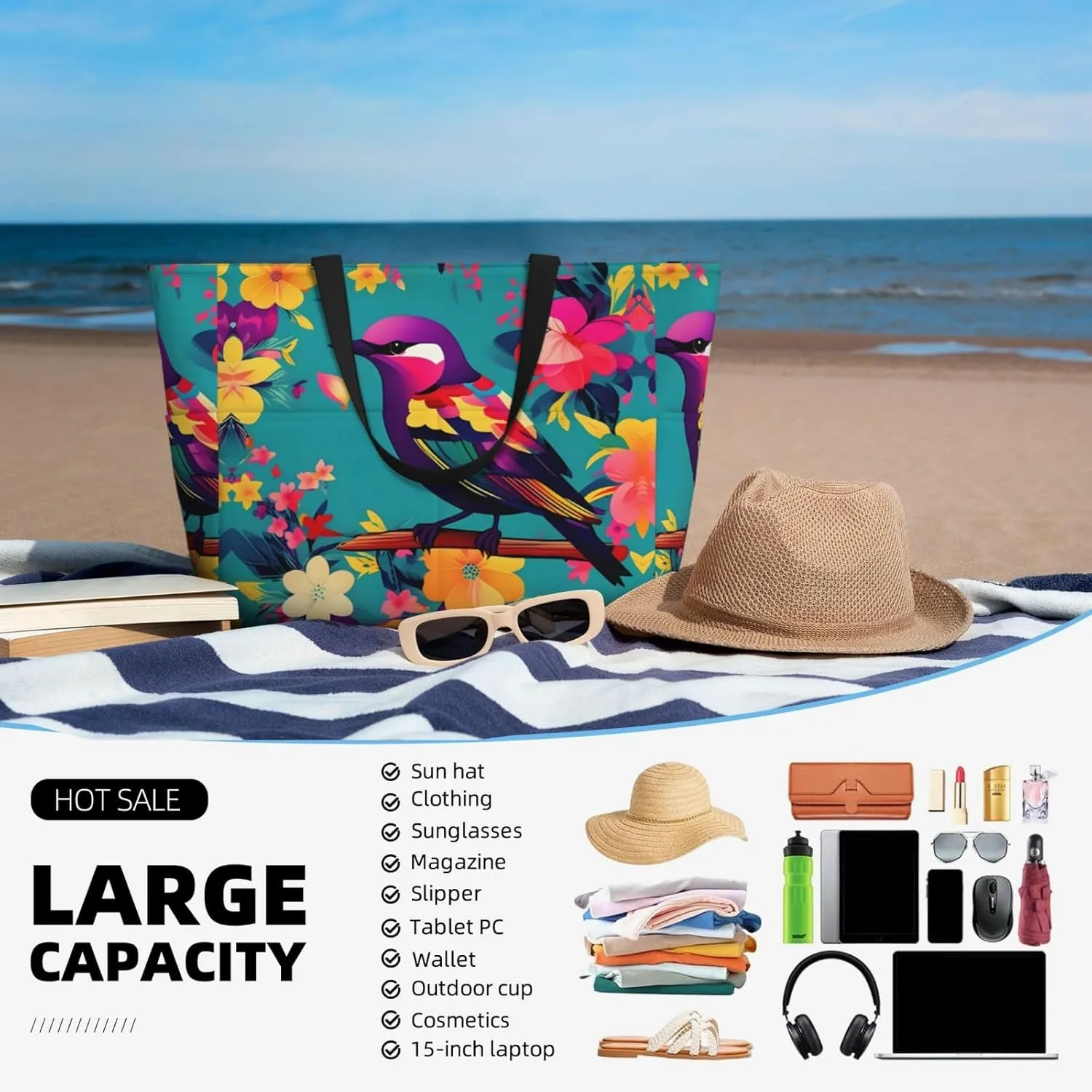 Elephant Family Large Capacity Beach Travel Bag - Waterproof Zipper Vacation Tote for Sandproof Storage, and Camping