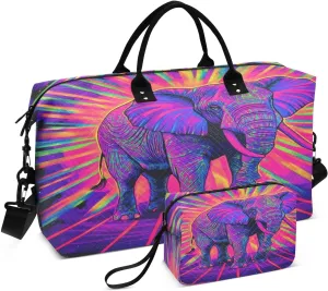 Elephant Neon Artwork Sports Gym Bag for Women Men Travel Duffel Bag Weekend Overnight Carry on Bag with Toiletry Bag Hospital Bag for Swimming Yoga Workout Plane Hospital