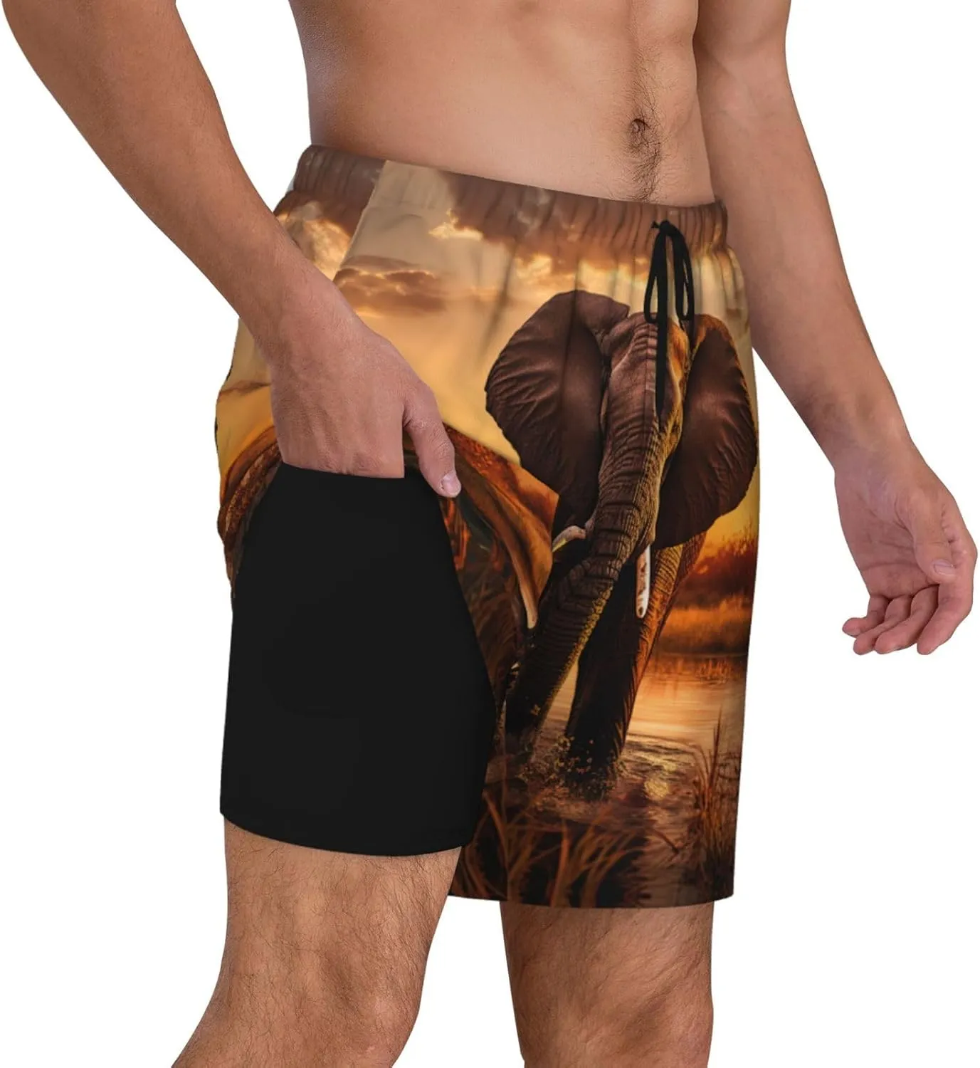 Elephant Print Men's Double Layer Swim Shorts, Gym Workout Shorts with Pocket