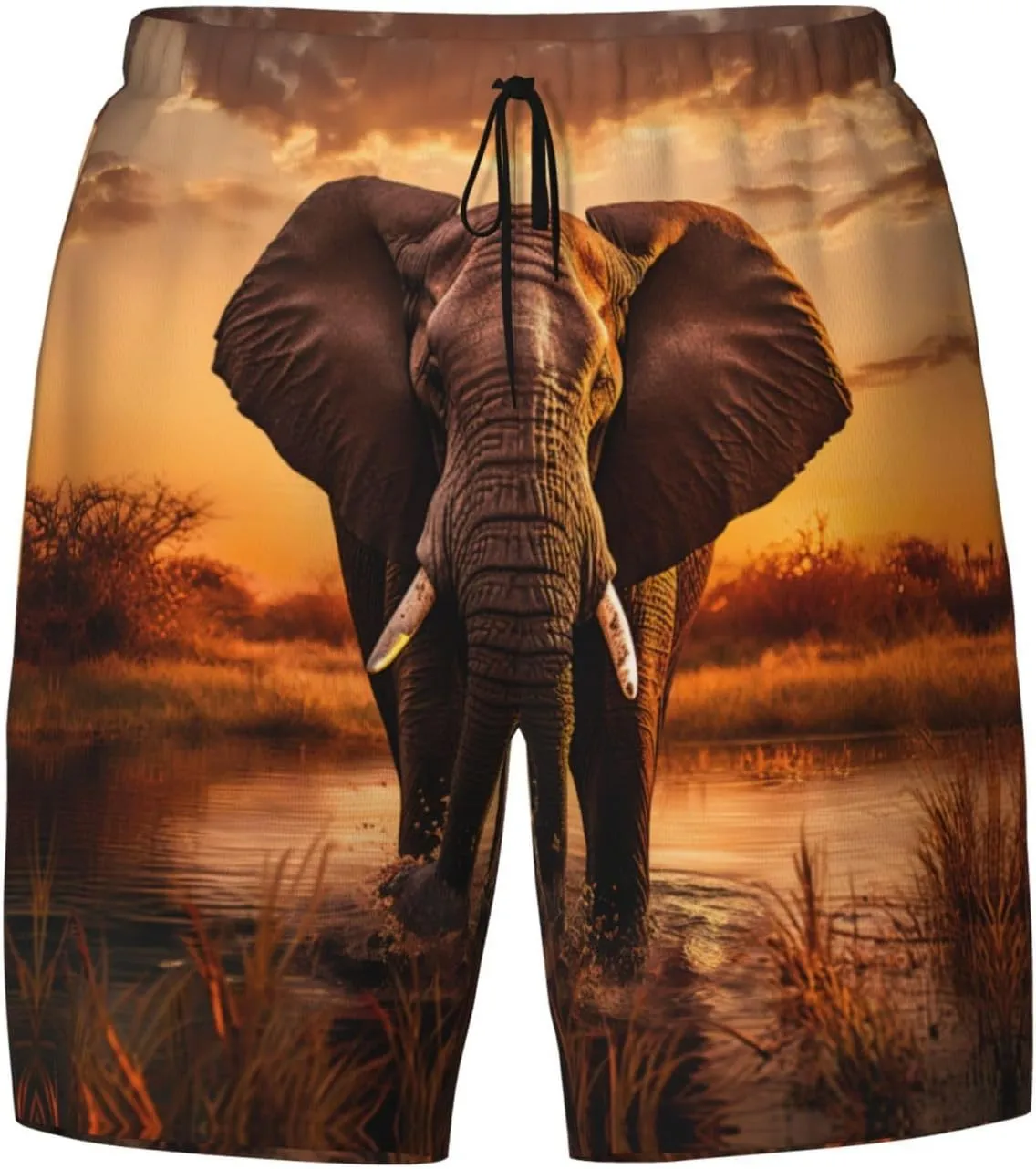 Elephant Print Men's Double Layer Swim Shorts, Gym Workout Shorts with Pocket