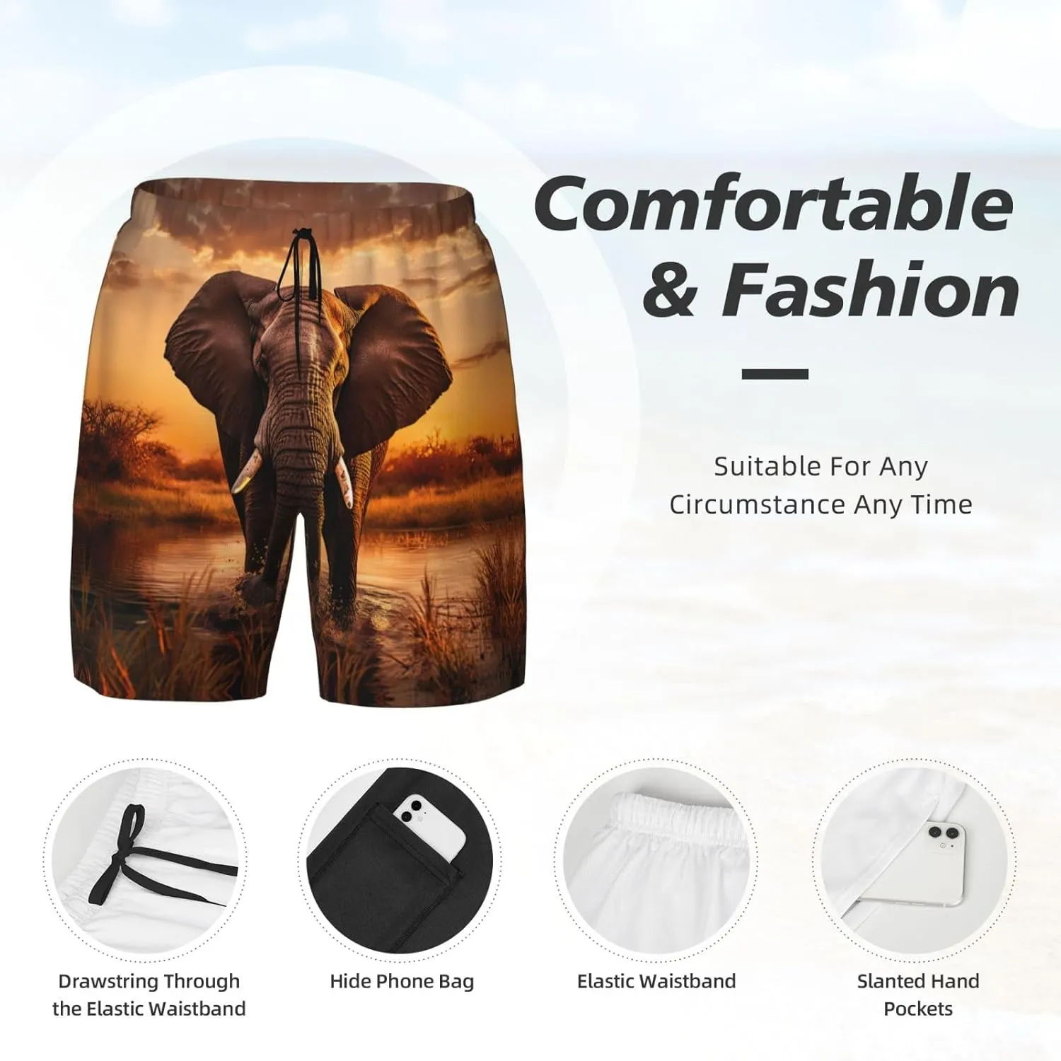 Elephant Print Men's Double Layer Swim Shorts, Gym Workout Shorts with Pocket