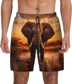 Elephant Print Men's Double Layer Swim Shorts, Gym Workout Shorts with Pocket