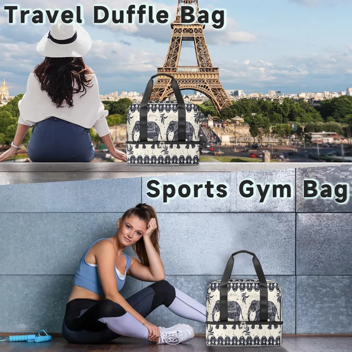 Elephants Ethnic Travel Duffel Bag Dry Wet Separated Sports Tote Travel Duffle Bag Gym Workout Bag Women Travel Duffel Bag for Women, Travel, Gym, Work