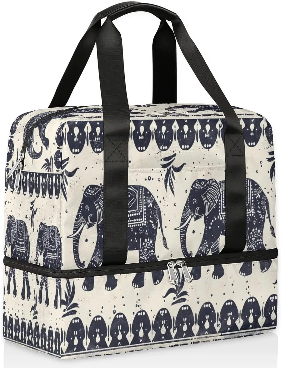 Elephants Ethnic Travel Duffel Bag Dry Wet Separated Sports Tote Travel Duffle Bag Gym Workout Bag Women Travel Duffel Bag for Women, Travel, Gym, Work