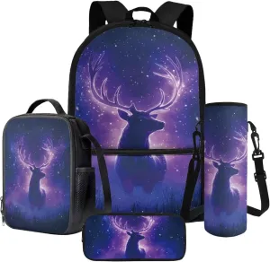 Elk Forest Galaxy Print Backpack for Kids Girls Boys 4pcs School Bags Teen Bookbags Set School Backpack with Lunch Box Pencil Case and Water Bottle Holder