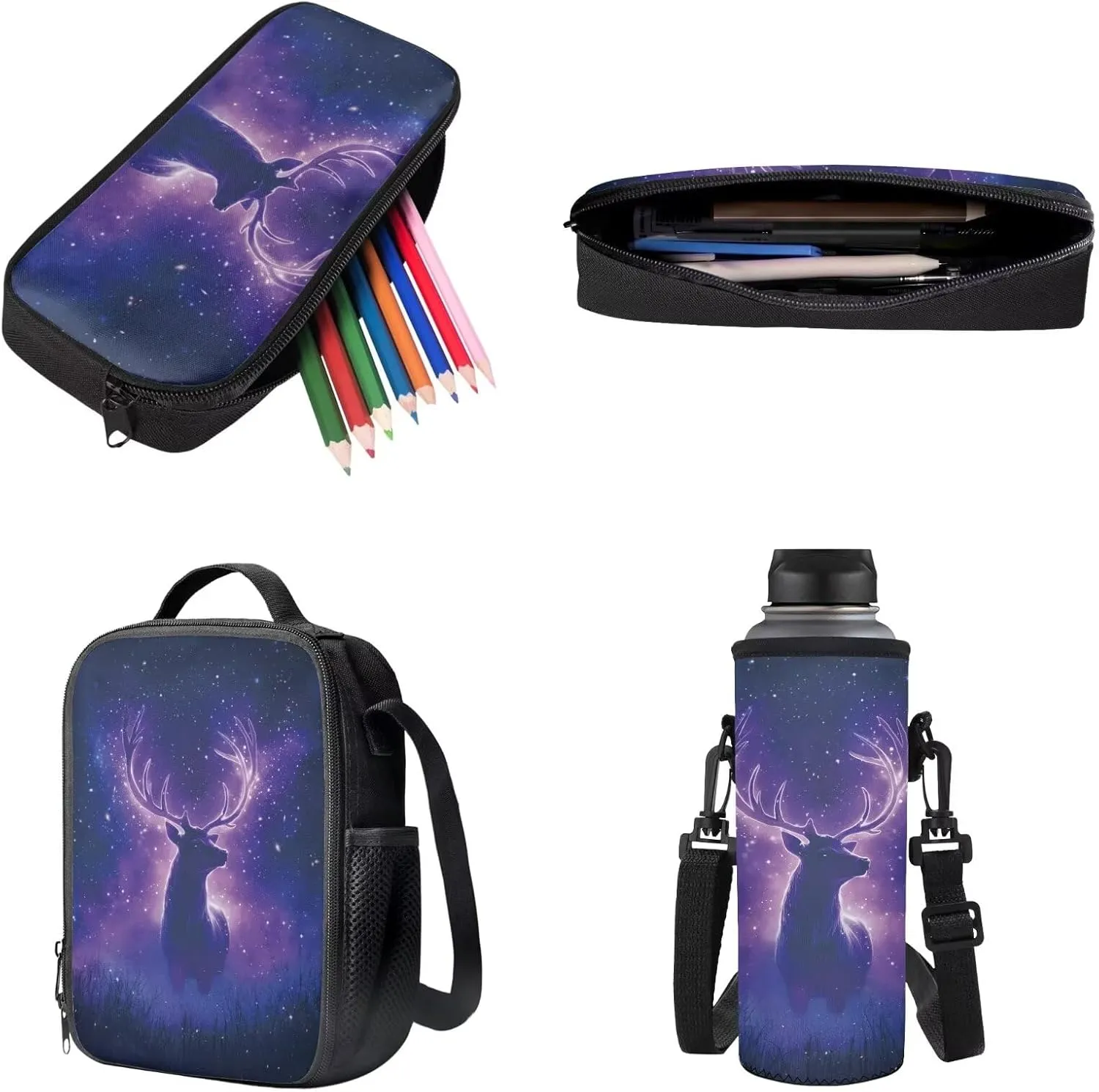 Elk Forest Galaxy Print Backpack for Kids Girls Boys 4pcs School Bags Teen Bookbags Set School Backpack with Lunch Box Pencil Case and Water Bottle Holder