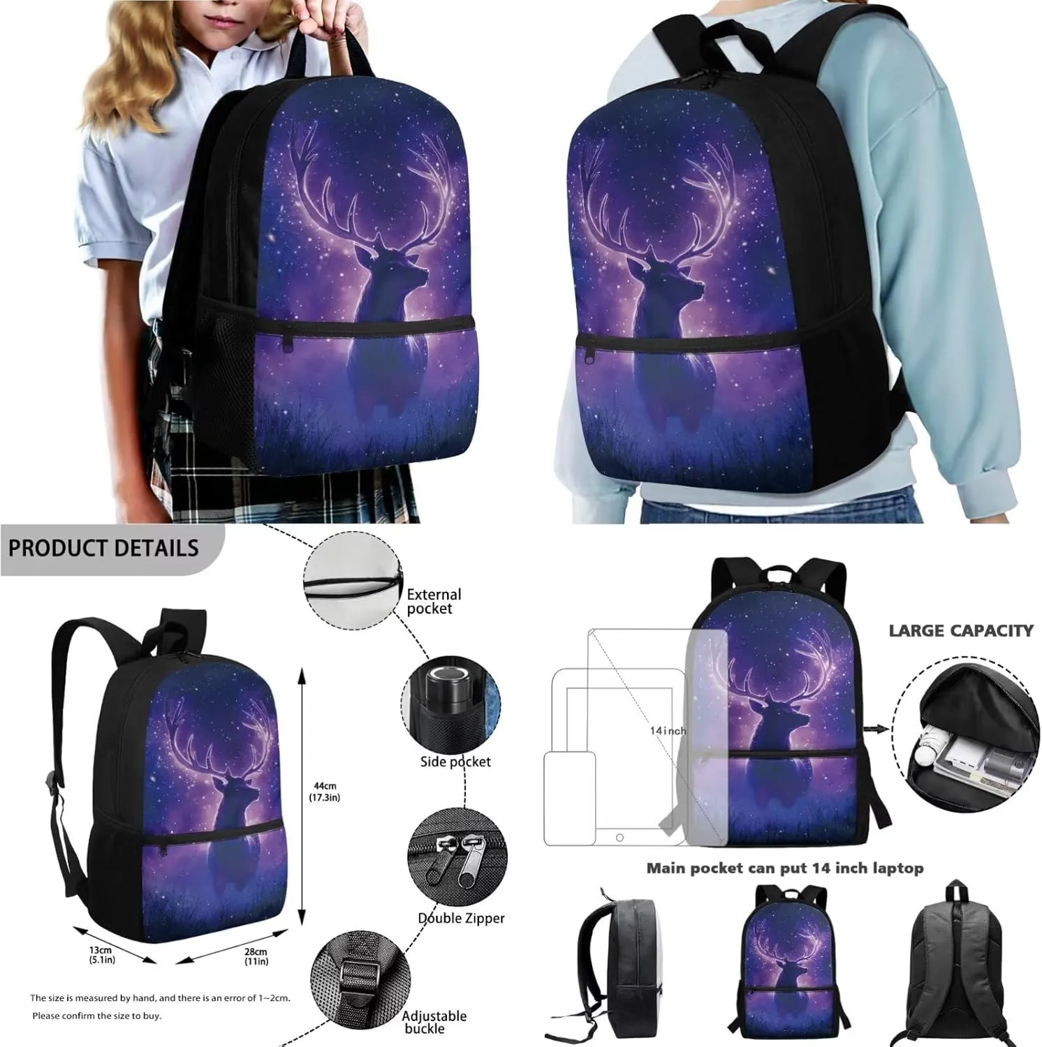 Elk Forest Galaxy Print Backpack for Kids Girls Boys 4pcs School Bags Teen Bookbags Set School Backpack with Lunch Box Pencil Case and Water Bottle Holder