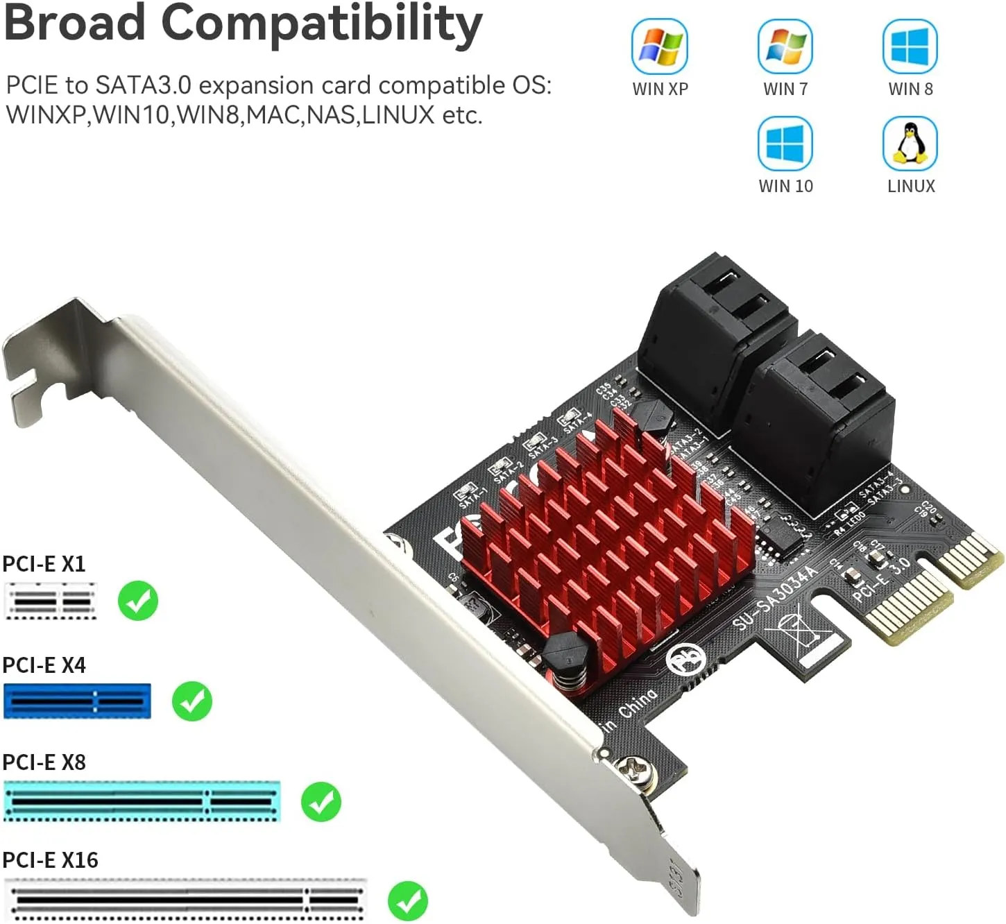 ELUTENG PCI-E to SATA Adapter 4 Port PCIe Expansion Card 6Gbps SATA 3.0 Controller PCI Express Controller Card with Low Profile Bracket for Windows/ Linux