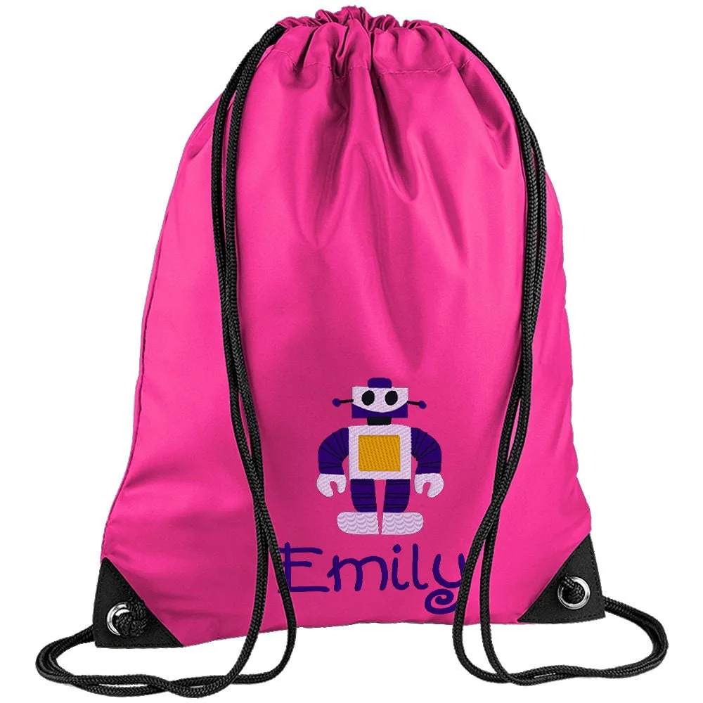 Embroidered Robot Personalised PE Bag, Kit Bag Drawstring Bag