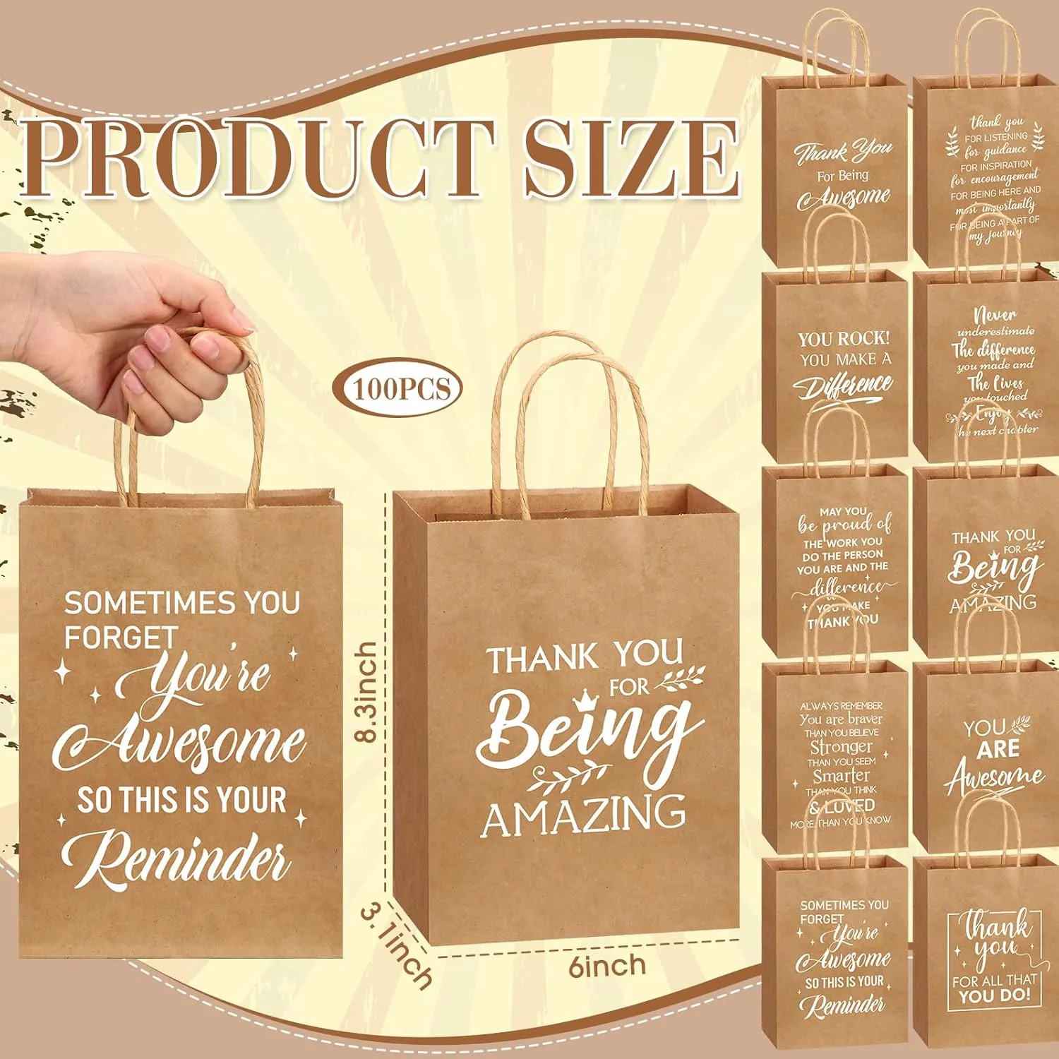 Engrowtic 100 Pcs Employee Appreciation Gift Bags Bulk Thank You Gifts Small Kraft Party Favor Paper Bags with Handles for Women Team Staff Coworker Teacher, 8.3 x 3.1 x 6(Brown)