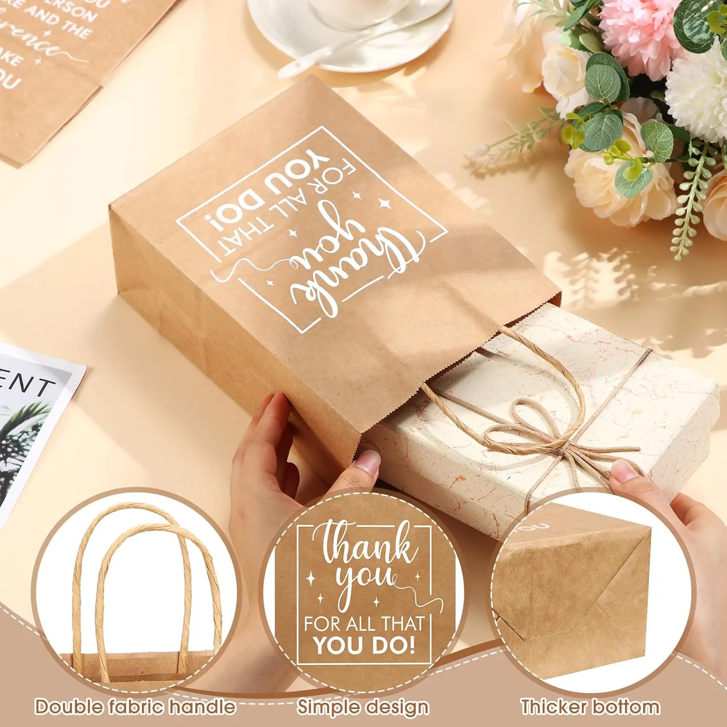 Engrowtic 100 Pcs Employee Appreciation Gift Bags Bulk Thank You Gifts Small Kraft Party Favor Paper Bags with Handles for Women Team Staff Coworker Teacher, 8.3 x 3.1 x 6(Brown)
