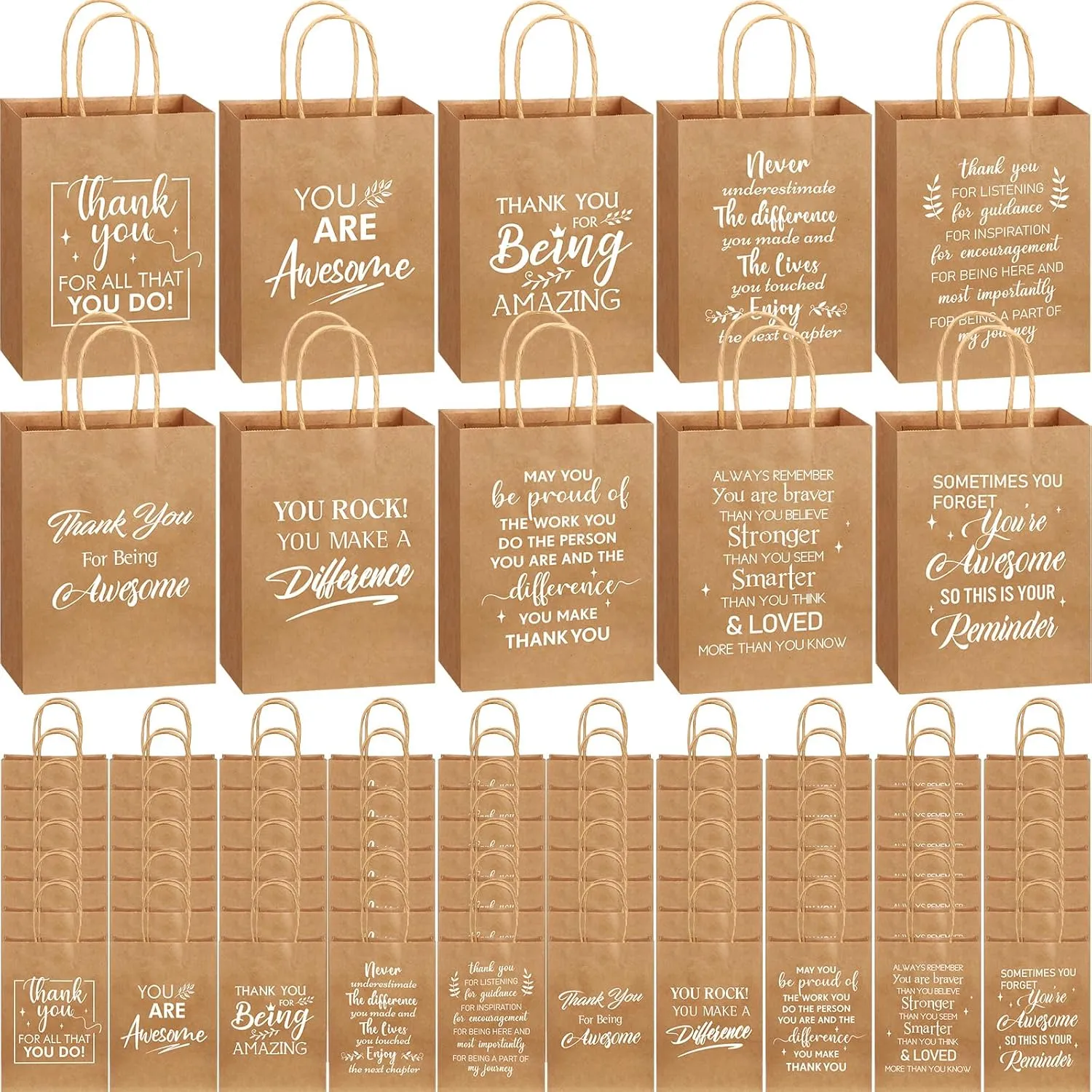 Engrowtic 100 Pcs Employee Appreciation Gift Bags Bulk Thank You Gifts Small Kraft Party Favor Paper Bags with Handles for Women Team Staff Coworker Teacher, 8.3 x 3.1 x 6(Brown)