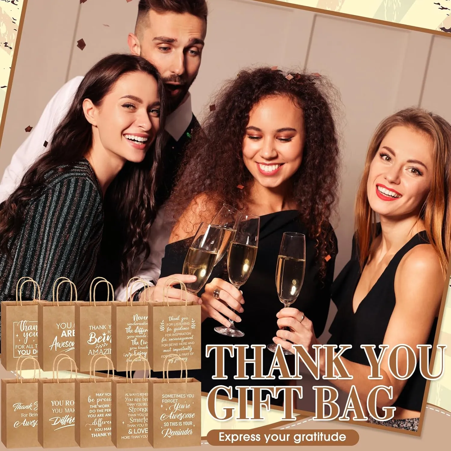 Engrowtic 100 Pcs Employee Appreciation Gift Bags Bulk Thank You Gifts Small Kraft Party Favor Paper Bags with Handles for Women Team Staff Coworker Teacher, 8.3 x 3.1 x 6(Brown)