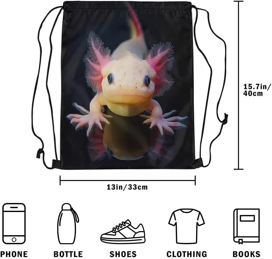 Erosebridal 3D Axolotl Drawstring Bags,Coastal Animal Drawstring Backpack 13x15.7 for Sport,Tropical Sealife Draw String Back Bag,Salamander String Backpack