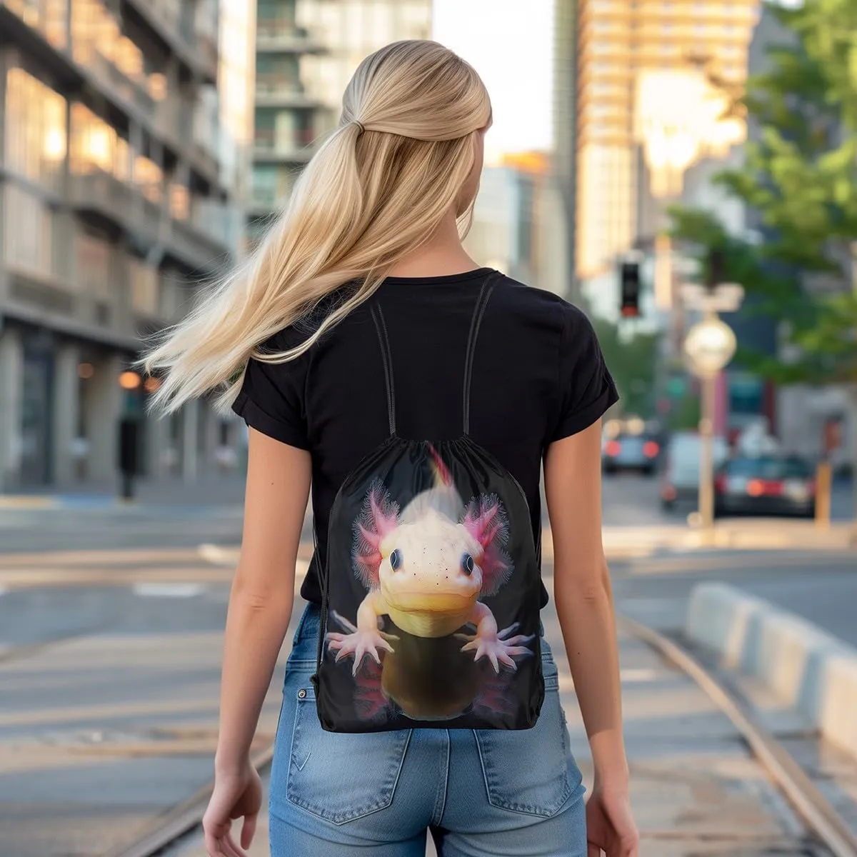 Erosebridal 3D Axolotl Drawstring Bags,Coastal Animal Drawstring Backpack 13x15.7 for Sport,Tropical Sealife Draw String Back Bag,Salamander String Backpack