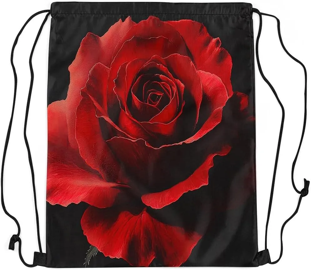 Erosebridal 3D Rose Floral Drawstring Bags for Yoga Camping Trip,Sport Gym Romantic Valentine Drawstring Backpack,Red Rose Flower String Backpack,Red Black Rose Draw String Back Bag,13x15.7