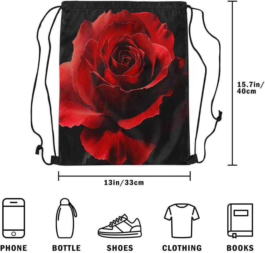 Erosebridal 3D Rose Floral Drawstring Bags for Yoga Camping Trip,Sport Gym Romantic Valentine Drawstring Backpack,Red Rose Flower String Backpack,Red Black Rose Draw String Back Bag,13x15.7
