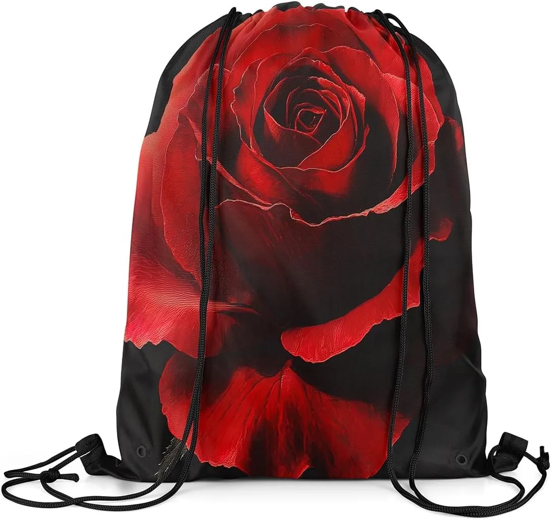 Erosebridal 3D Rose Floral Drawstring Bags for Yoga Camping Trip,Sport Gym Romantic Valentine Drawstring Backpack,Red Rose Flower String Backpack,Red Black Rose Draw String Back Bag,13x15.7