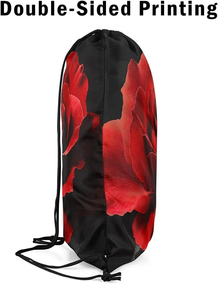 Erosebridal 3D Rose Floral Drawstring Bags for Yoga Camping Trip,Sport Gym Romantic Valentine Drawstring Backpack,Red Rose Flower String Backpack,Red Black Rose Draw String Back Bag,13x15.7