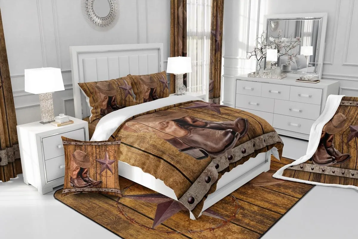 Erosebridal 3Pcs Western Bedding Set, Rodeo Cowboy Boots Hat Comforter Set Queen Size, Wild West Country Quilt Rustic Farmhouse Boys Men Bedroom Decor, Texas Star Southwestern Duvet Insert, Brown