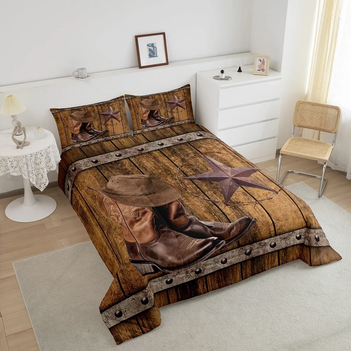 Erosebridal 3Pcs Western Bedding Set, Rodeo Cowboy Boots Hat Comforter Set Queen Size, Wild West Country Quilt Rustic Farmhouse Boys Men Bedroom Decor, Texas Star Southwestern Duvet Insert, Brown