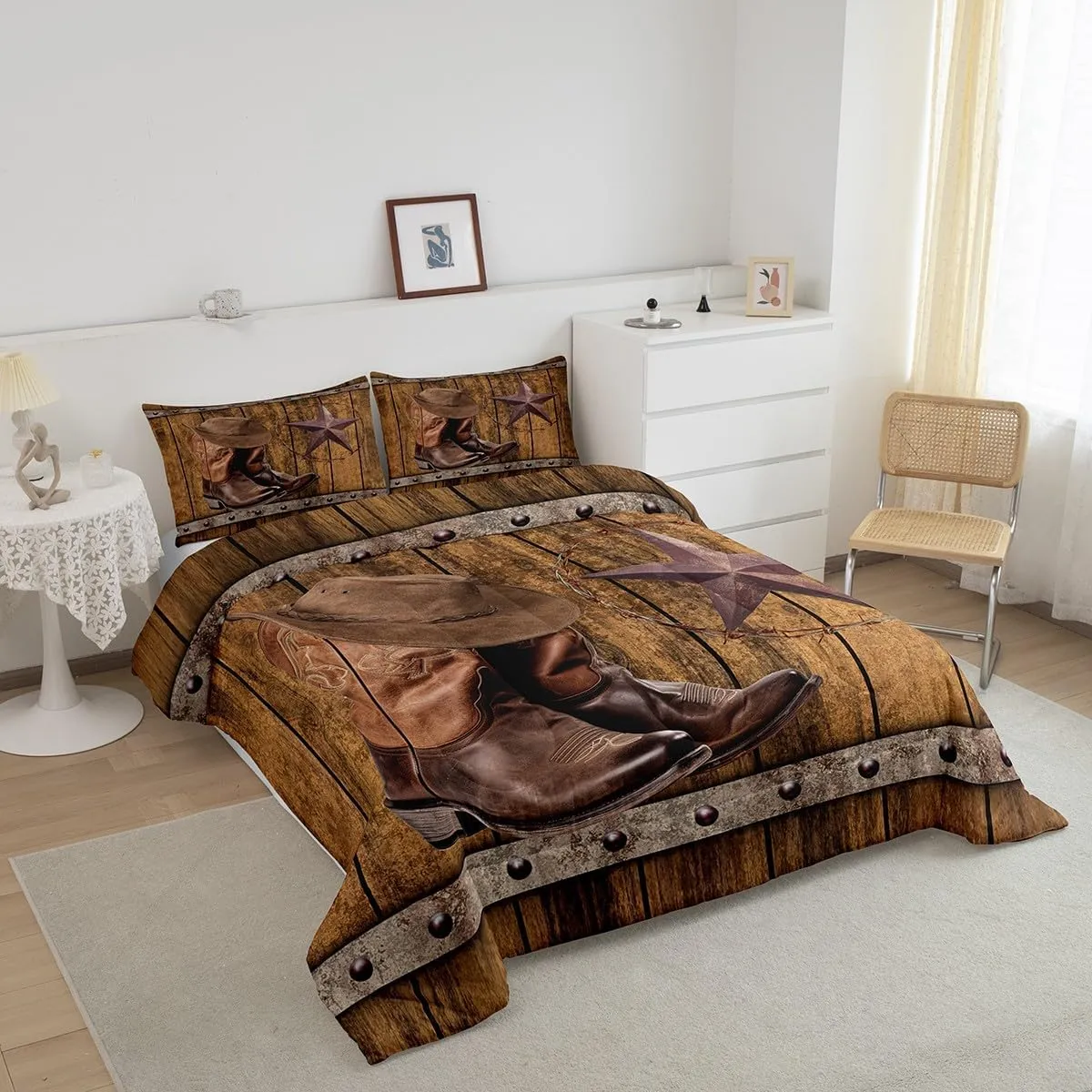 Erosebridal 3Pcs Western Bedding Set, Rodeo Cowboy Boots Hat Comforter Set Queen Size, Wild West Country Quilt Rustic Farmhouse Boys Men Bedroom Decor, Texas Star Southwestern Duvet Insert, Brown