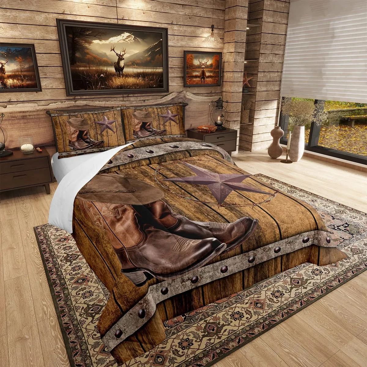 Erosebridal 3Pcs Western Bedding Set, Rodeo Cowboy Boots Hat Comforter Set Queen Size, Wild West Country Quilt Rustic Farmhouse Boys Men Bedroom Decor, Texas Star Southwestern Duvet Insert, Brown