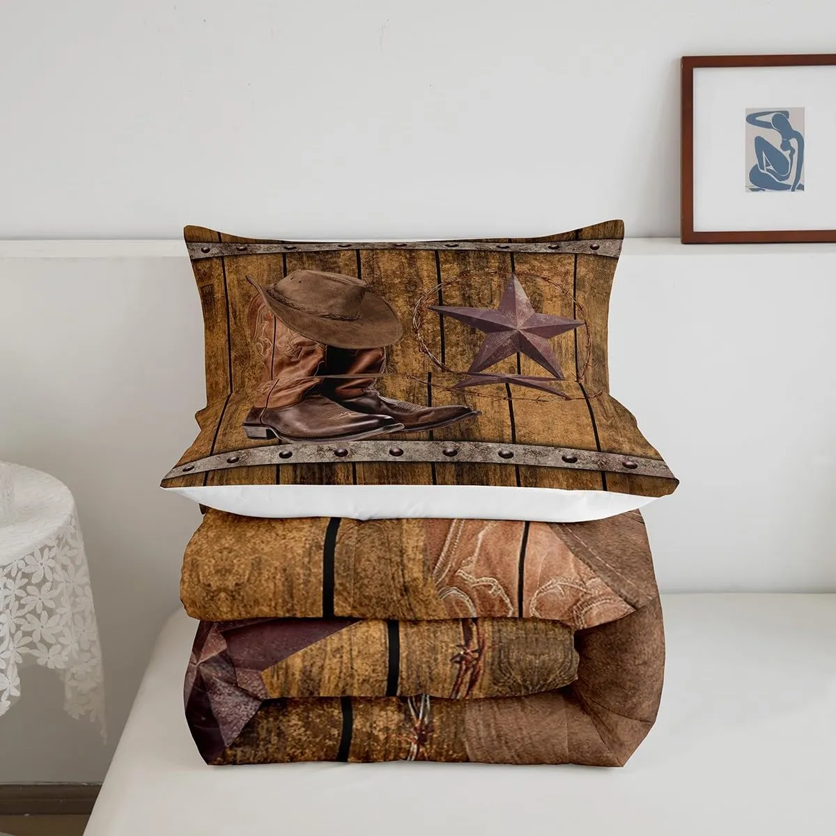 Erosebridal 3Pcs Western Bedding Set, Rodeo Cowboy Boots Hat Comforter Set Queen Size, Wild West Country Quilt Rustic Farmhouse Boys Men Bedroom Decor, Texas Star Southwestern Duvet Insert, Brown