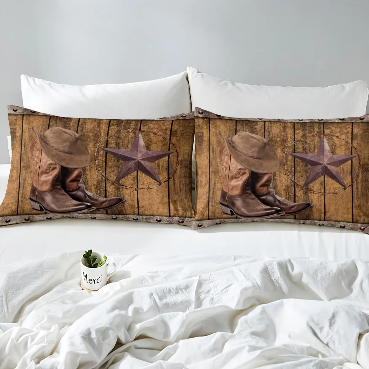 Erosebridal 3Pcs Western Bedding Set, Rodeo Cowboy Boots Hat Comforter Set Queen Size, Wild West Country Quilt Rustic Farmhouse Boys Men Bedroom Decor, Texas Star Southwestern Duvet Insert, Brown