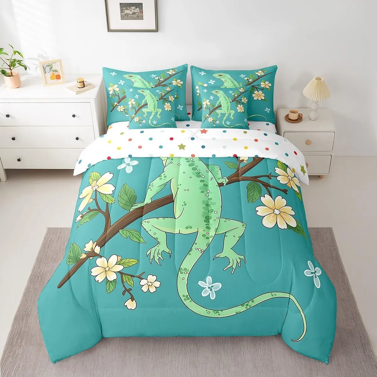 Erosebridal 7 Pcs Green Lizard Bed in A Bag,Animal Reptile Comforter Set,Beige Flower Floral Bedding Sets Queen Size,Cartoon Wildlife Quilt with Flat Fitted Sheet Brown Branches Green Leaves Decor