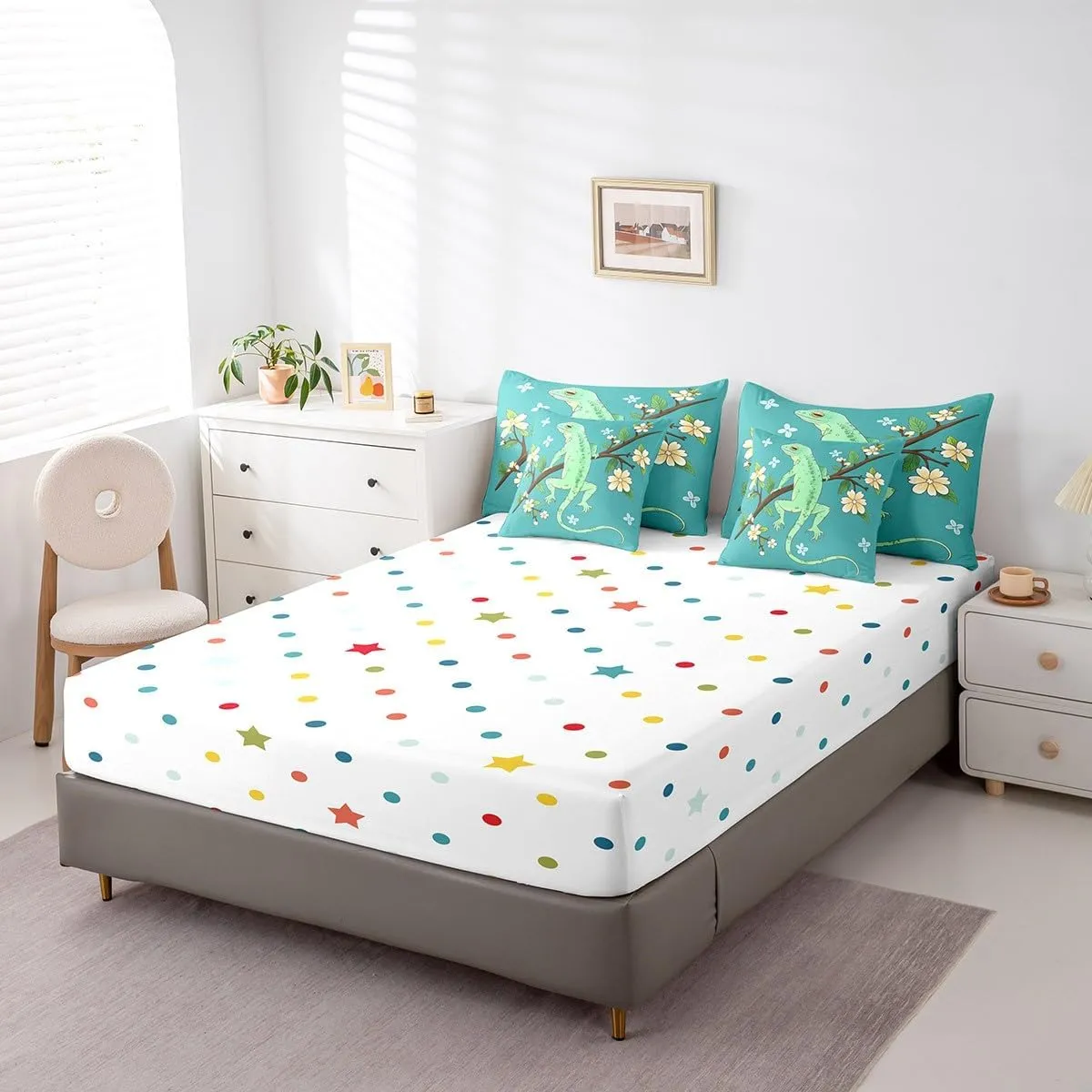 Erosebridal 7 Pcs Green Lizard Bed in A Bag,Animal Reptile Comforter Set,Beige Flower Floral Bedding Sets Queen Size,Cartoon Wildlife Quilt with Flat Fitted Sheet Brown Branches Green Leaves Decor