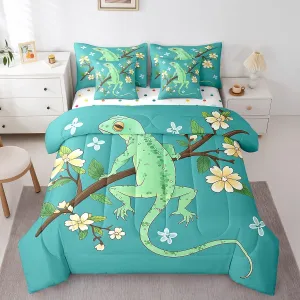 Erosebridal 7 Pcs Green Lizard Bed in A Bag,Animal Reptile Comforter Set,Beige Flower Floral Bedding Sets Queen Size,Cartoon Wildlife Quilt with Flat Fitted Sheet Brown Branches Green Leaves Decor