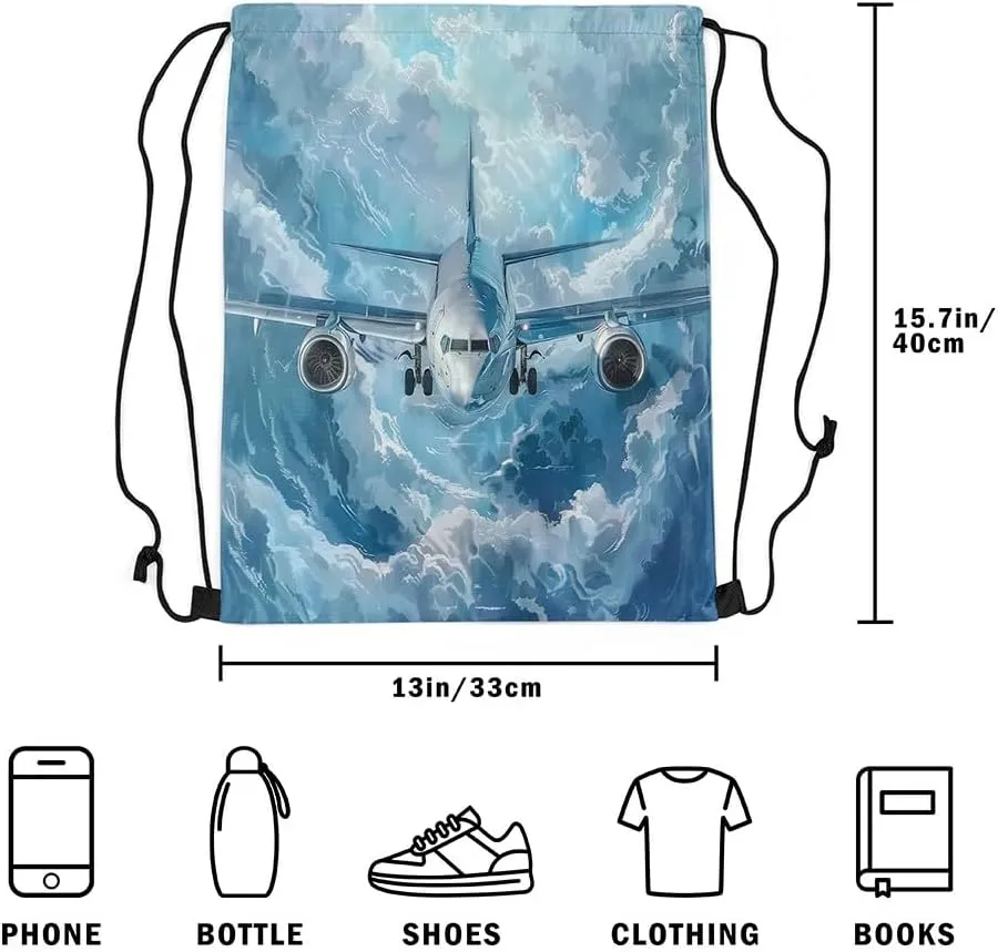 Erosebridal Airplane Drawstring Bags,Aviation Aircraft Planes Drawstring Backpack 13x15.7 for Sport Gym Swim Yoga Camping Traveling Trip,Navy Blue Plane Draw String Back Bag,Sky Cloud String Backpack