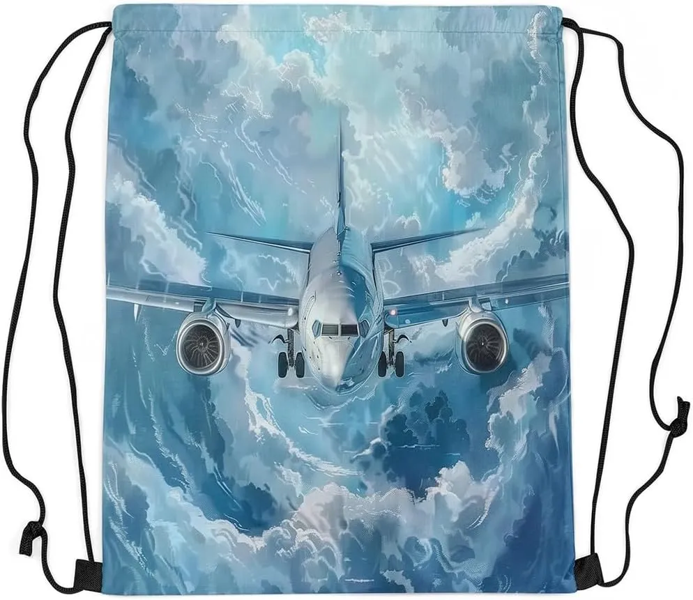 Erosebridal Airplane Drawstring Bags,Aviation Aircraft Planes Drawstring Backpack 13x15.7 for Sport Gym Swim Yoga Camping Traveling Trip,Navy Blue Plane Draw String Back Bag,Sky Cloud String Backpack