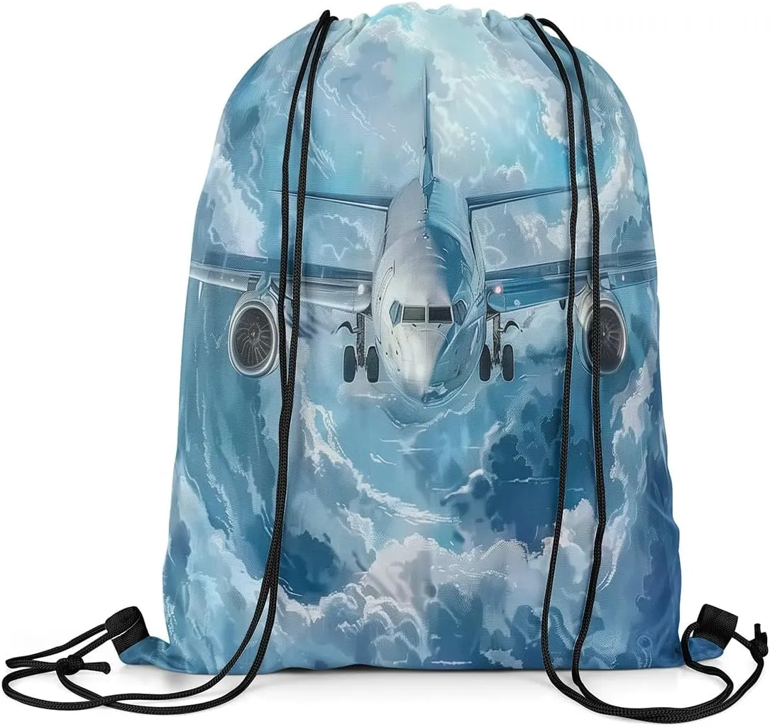 Erosebridal Airplane Drawstring Bags,Aviation Aircraft Planes Drawstring Backpack 13x15.7 for Sport Gym Swim Yoga Camping Traveling Trip,Navy Blue Plane Draw String Back Bag,Sky Cloud String Backpack