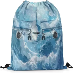 Erosebridal Airplane Drawstring Bags,Aviation Aircraft Planes Drawstring Backpack 13x15.7 for Sport Gym Swim Yoga Camping Traveling Trip,Navy Blue Plane Draw String Back Bag,Sky Cloud String Backpack
