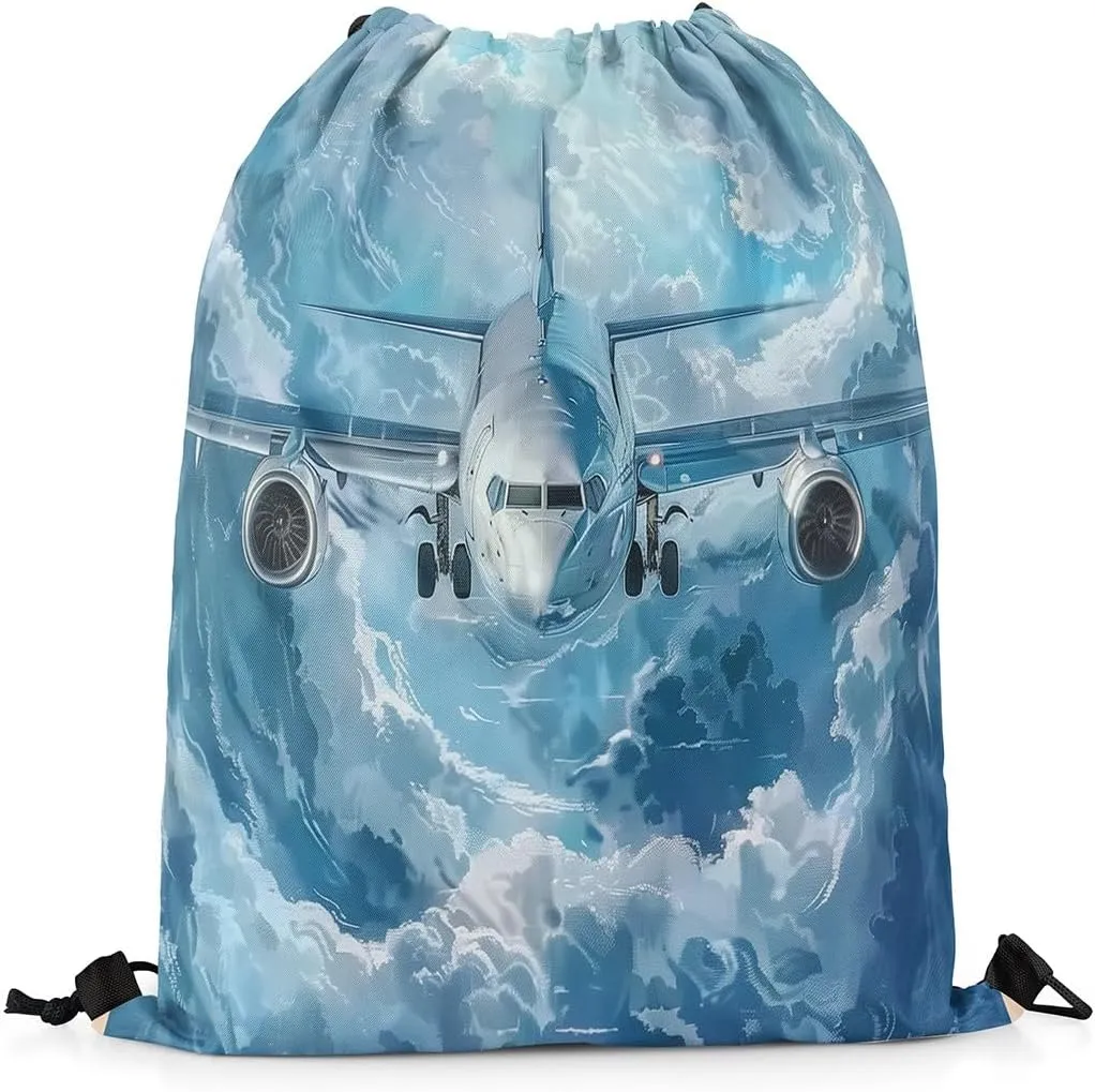 Erosebridal Airplane Drawstring Bags,Aviation Aircraft Planes Drawstring Backpack 13x15.7 for Sport Gym Swim Yoga Camping Traveling Trip,Navy Blue Plane Draw String Back Bag,Sky Cloud String Backpack