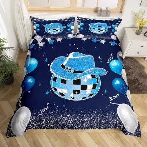 Erosebridal Blue Cowboys Disco Ball Bedding Set Full, Rustic Western Hat Duvet Cover Trendy Disco Bed Set Retro Vintage 80S Disco Colorful Ball Duvet Cover Set with 2 Pillowcases, No Comforter