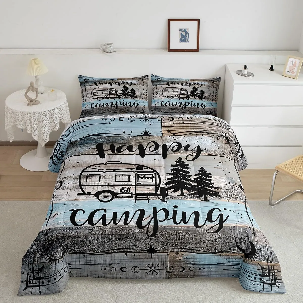 Erosebridal Boho Camper Decor Comforter Set Queen Happy Camping Bedding Set Rv Accessories Quilt for Travel Trailers Bunks,Rustic Farmhouse Stars Moon Quilted Duvet Blue Grey Kids Adults Bedroom