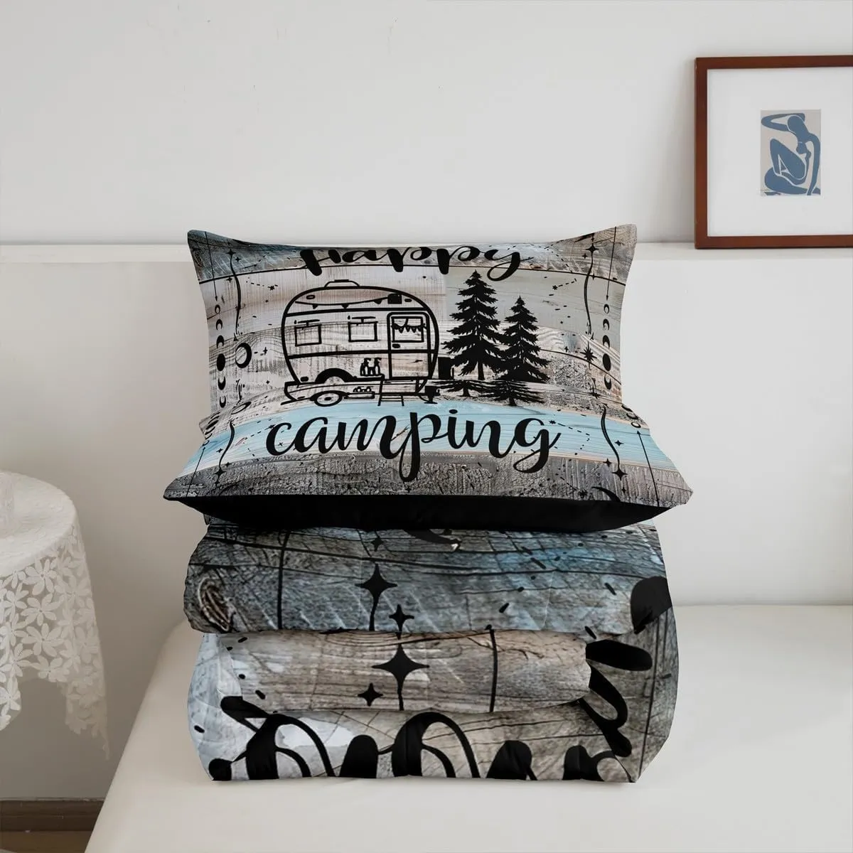 Erosebridal Boho Camper Decor Comforter Set Queen Happy Camping Bedding Set Rv Accessories Quilt for Travel Trailers Bunks,Rustic Farmhouse Stars Moon Quilted Duvet Blue Grey Kids Adults Bedroom