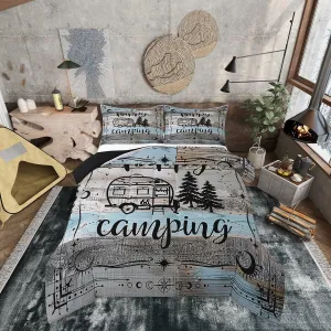 Erosebridal Boho Camper Decor Comforter Set Queen Happy Camping Bedding Set Rv Accessories Quilt for Travel Trailers Bunks,Rustic Farmhouse Stars Moon Quilted Duvet Blue Grey Kids Adults Bedroom