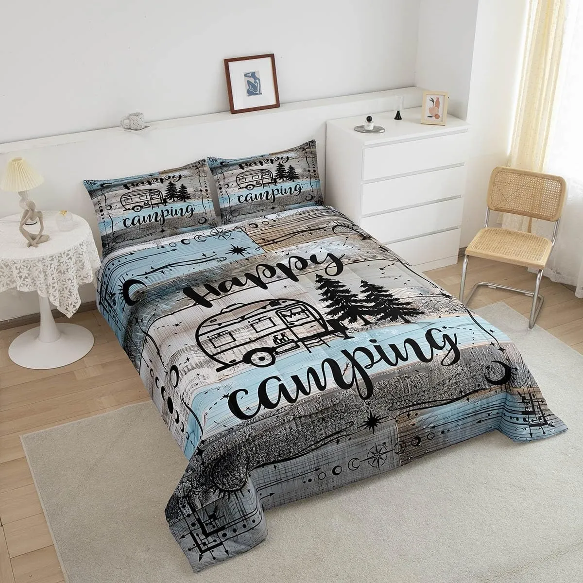 Erosebridal Boho Camper Decor Comforter Set Queen Happy Camping Bedding Set Rv Accessories Quilt for Travel Trailers Bunks,Rustic Farmhouse Stars Moon Quilted Duvet Blue Grey Kids Adults Bedroom