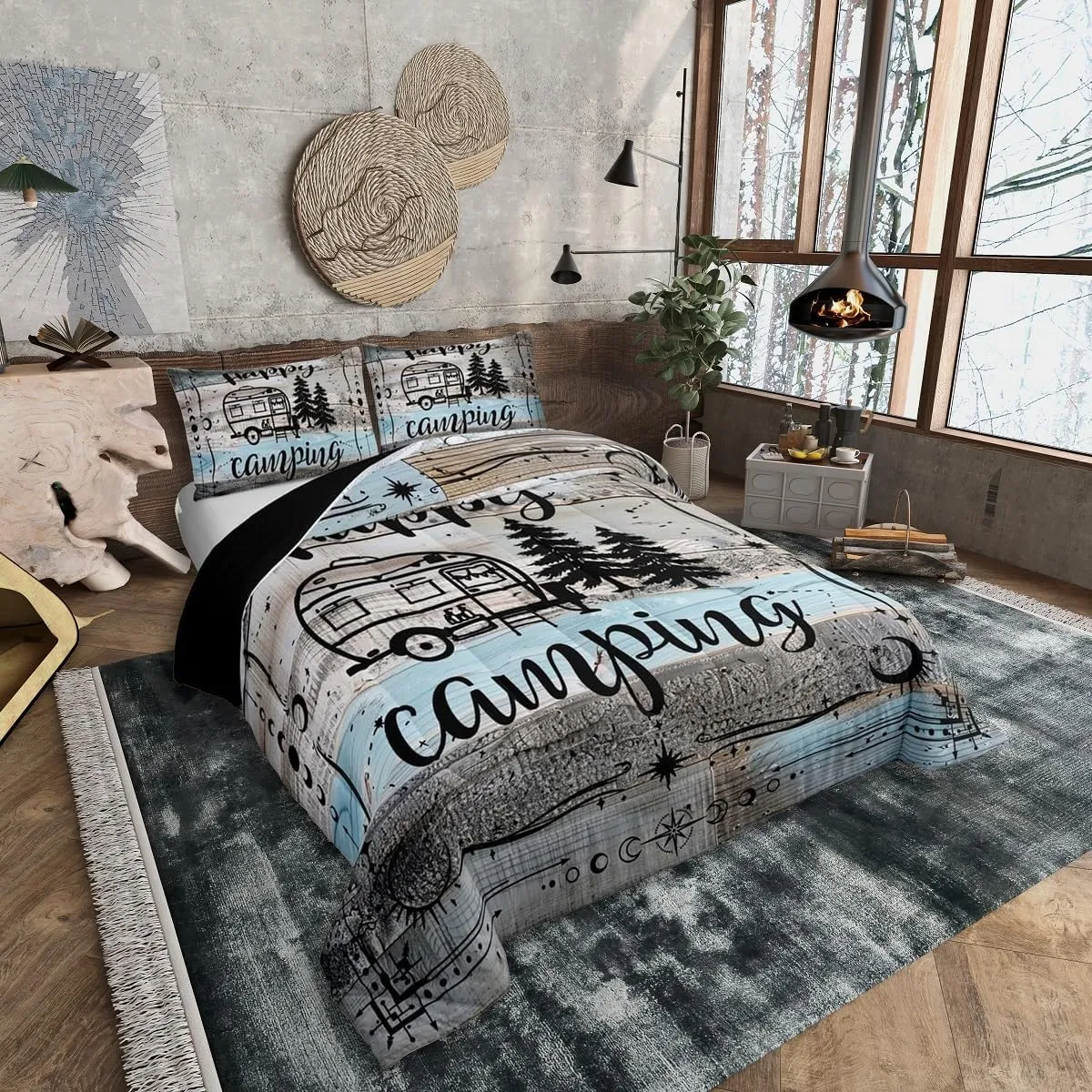 Erosebridal Boho Camper Decor Comforter Set Queen Happy Camping Bedding Set Rv Accessories Quilt for Travel Trailers Bunks,Rustic Farmhouse Stars Moon Quilted Duvet Blue Grey Kids Adults Bedroom