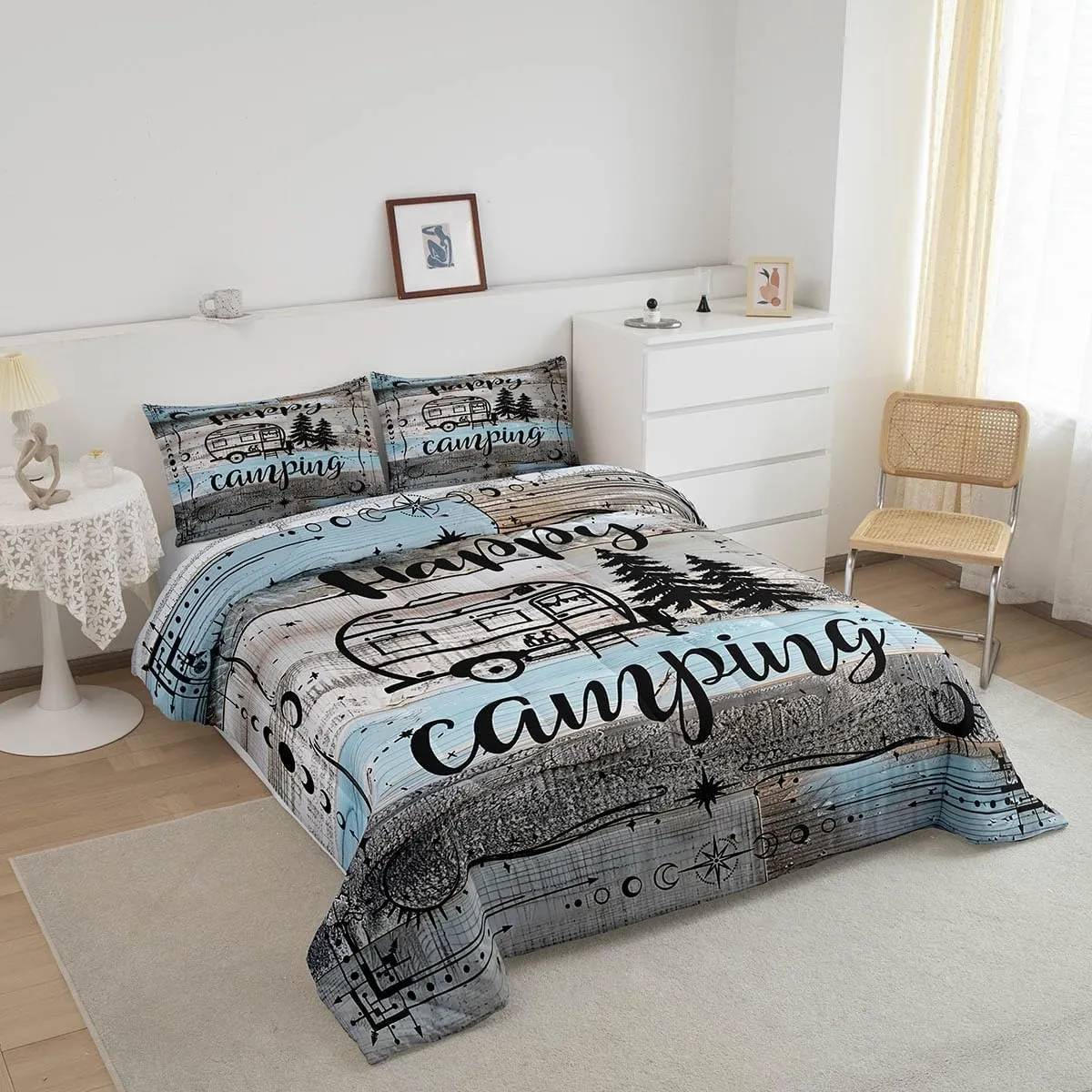 Erosebridal Boho Camper Decor Comforter Set Queen Happy Camping Bedding Set Rv Accessories Quilt for Travel Trailers Bunks,Rustic Farmhouse Stars Moon Quilted Duvet Blue Grey Kids Adults Bedroom