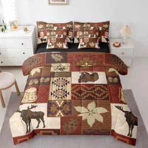 Erosebridal Buffalo Plaid 7 Piece Comforter Set Cabin Decor,Bear Elk Deer Wild Animal Bedding Sets Fall Leaves Pine Cones Bed Sheets Wildlife Hunting Theme Quilt Bohemian Floral Bed in a Bag,Full
